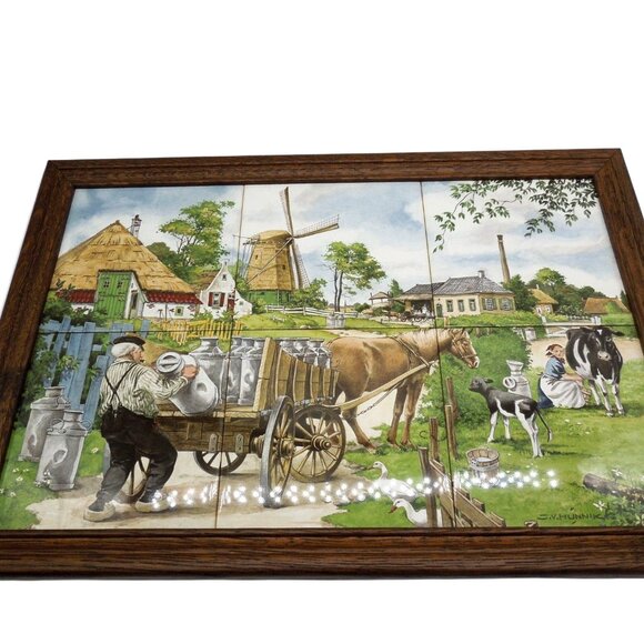 JC van Hunnik Framed Tiles Royal Schwabap 6pcs Farm Scene 80s Vintage 20" - Picture 3 of 10